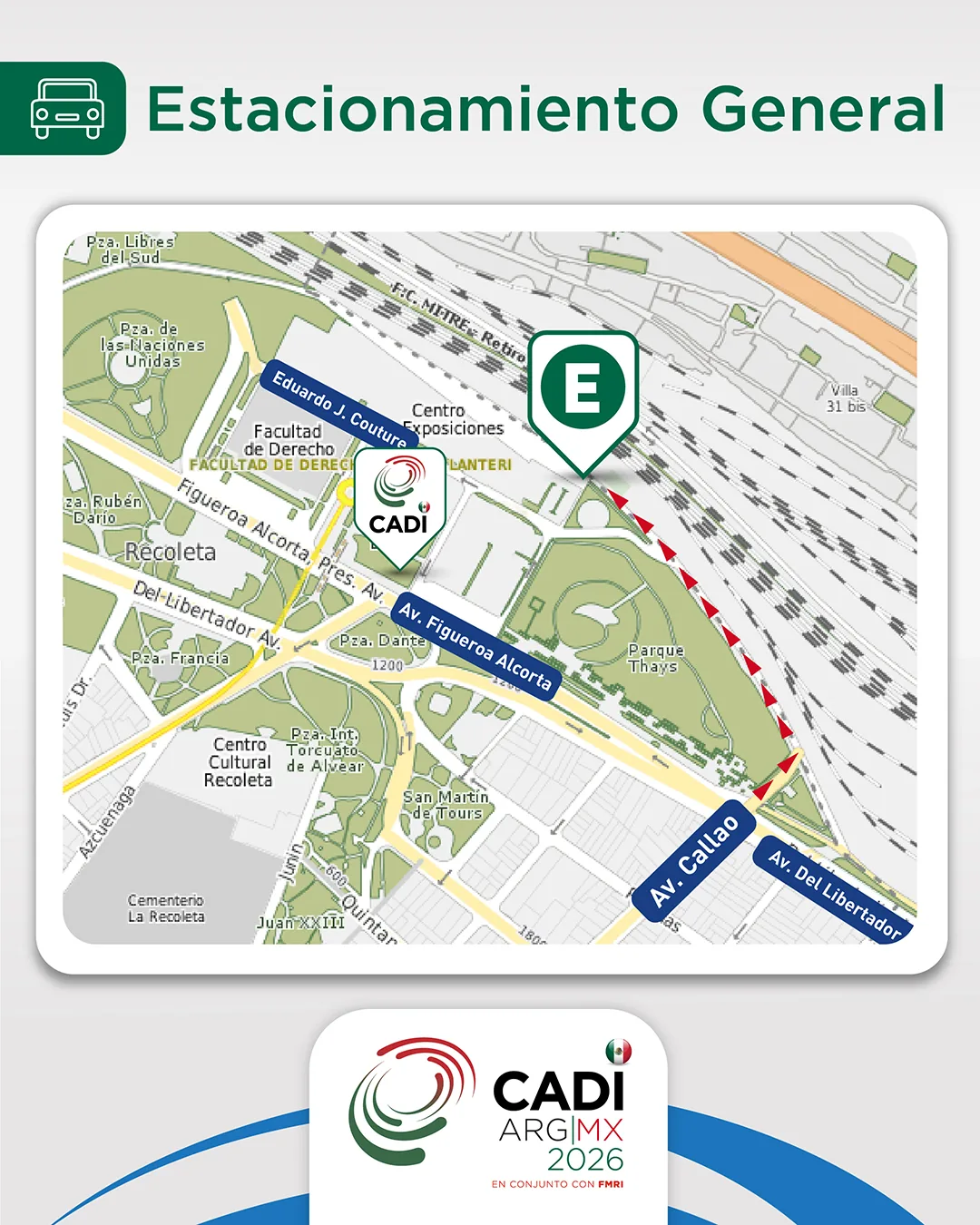 Mapa de acceso al estacionamiento general del Centro de Convenciones Buenos Aires - CADI 2026